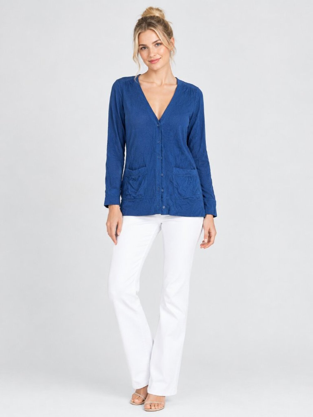2/$30 Chico's Pima Modal V-Neck Cardigan with Patch Pockets Dark Teal 4 #A4898